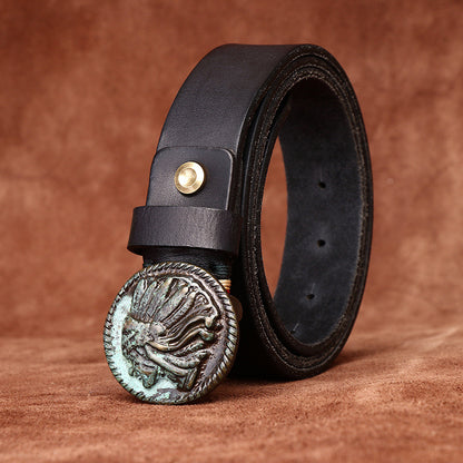 Vintage Indian Head Buckle Men's Genuine Leather Belt, Distressed Full-Grain Leather Casual Workwear Belt