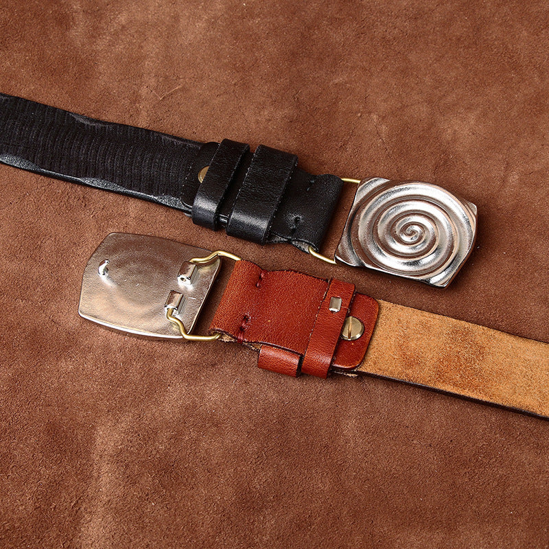 Retro Style Men's Cowhide Belt, Spiral Pattern Metal Buckle Multi-Color Trendy Waistband