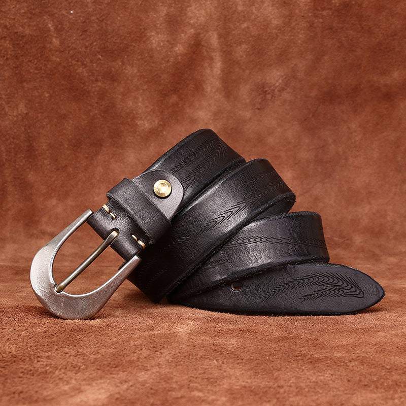 Retro Style Men's Cowhide Belt, Feather Embossed Metal Buckle Multi-Color Casual Waistband
