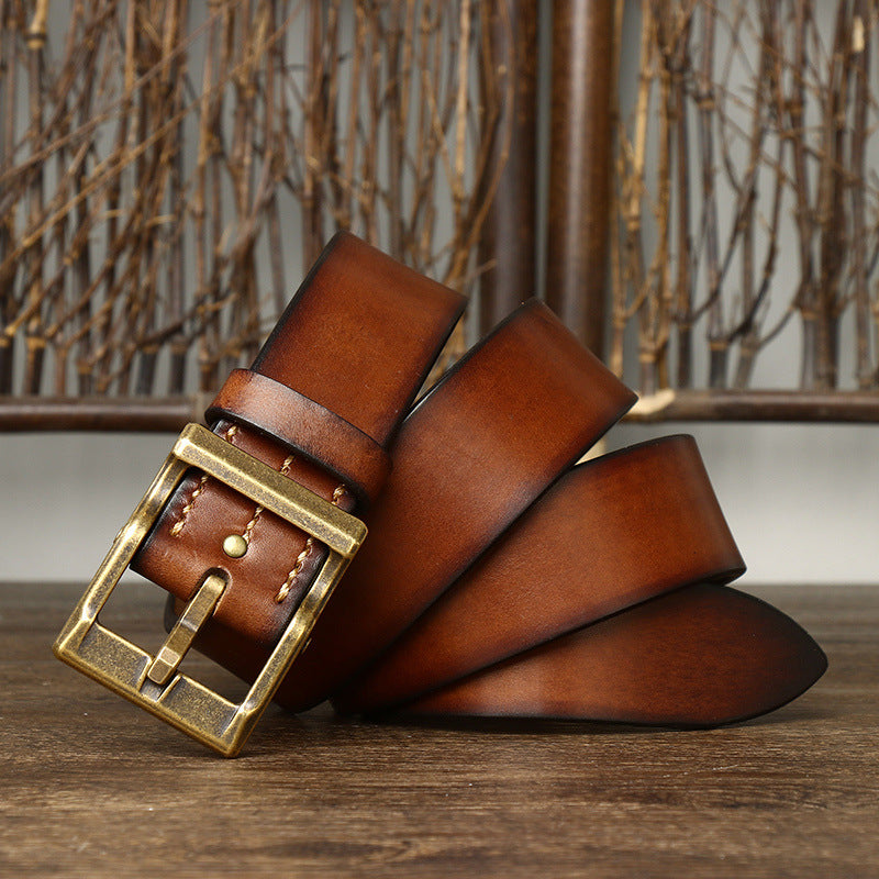 Tough Guy Style Men's Genuine Leather Belt, Bold Metal Buckle Interprets Uninhibited Charm