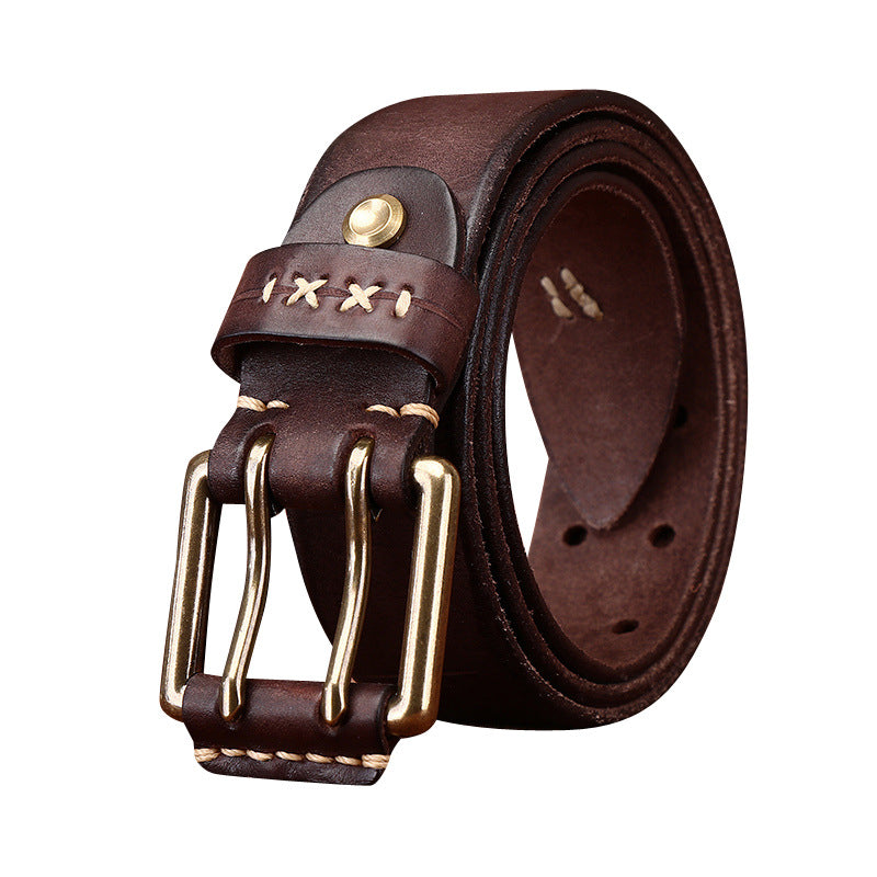 Vintage Distressed Men's Genuine Leather Belt, with Unique Stitching and Metal Buckle, Creating a Retro Trendy Style