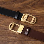 Minimalist and Stylish Men's Genuine Leather Belt with Gold Oval Buckle for Business and Casual Wear