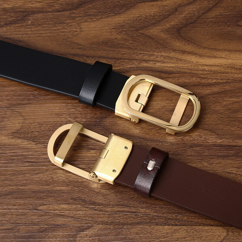Minimalist and Stylish Men's Genuine Leather Belt with Gold Oval Buckle for Business and Casual Wear