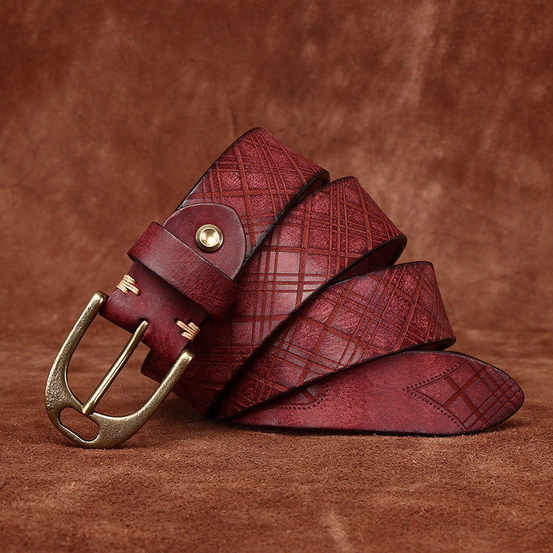 Black Retro Leather Men's Belt, Stitched Bronze Buckle Tough Waist Strap