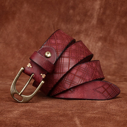 Black Retro Leather Men's Belt, Stitched Bronze Buckle Tough Waist Strap