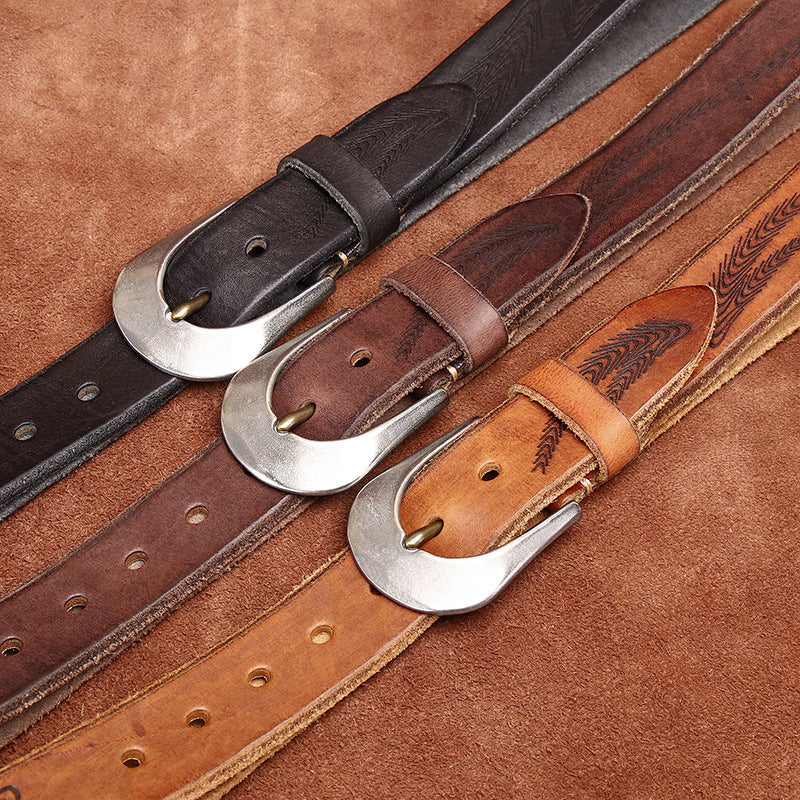 Retro Style Men's Cowhide Belt, Feather Embossed Metal Buckle Multi-Color Casual Waistband