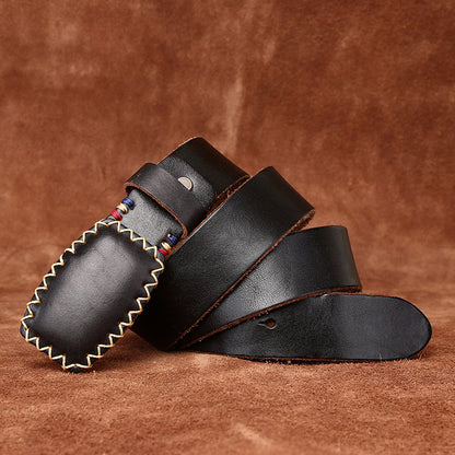 Hand-Stitched Vintage Men's Belt, Genuine Leather Retro Style Waist Strap