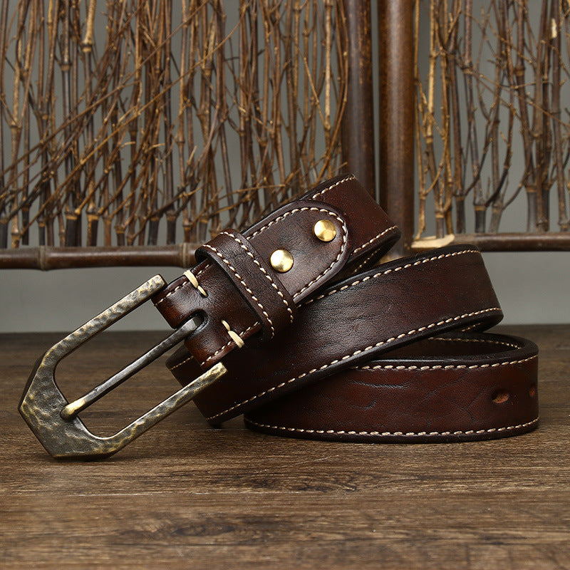 Retro Distressed Men's Genuine Leather Belt, Antique Copper Hammered Buckle with Contrast Stitching Workwear Belt