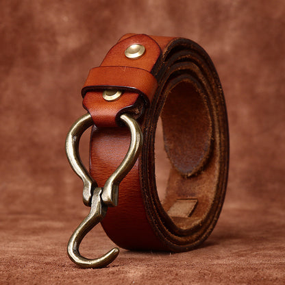 Vintage Distressed Men's Genuine Leather Belt, Unique Hook - Shaped Buckle, Fully Show Rugged and Uninhibited Style