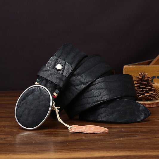 Black Genuine Leather Men's Belt, Oval Buckle Casual Waistband