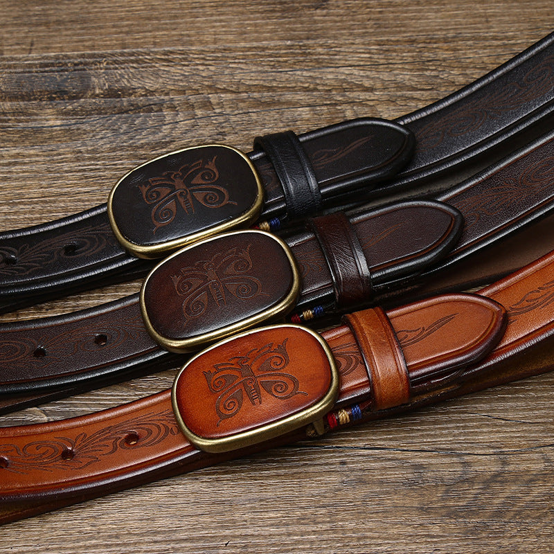 Men's Vintage Carved Genuine Leather Belt, With Unique Buckle, Showing Distinctive Style