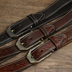Retro Distressed Men's Genuine Leather Belt, Antique Copper Hammered Buckle with Contrast Stitching Workwear Belt