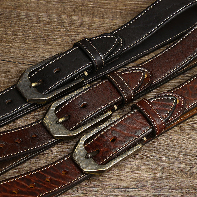 Retro Distressed Men's Genuine Leather Belt, Antique Copper Hammered Buckle with Contrast Stitching Workwear Belt