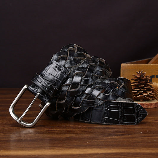 Men's Retro Braided Crocodile Pattern Genuine Leather Belt, Personalized Aged Metal Buckle with Multiple Colors Available