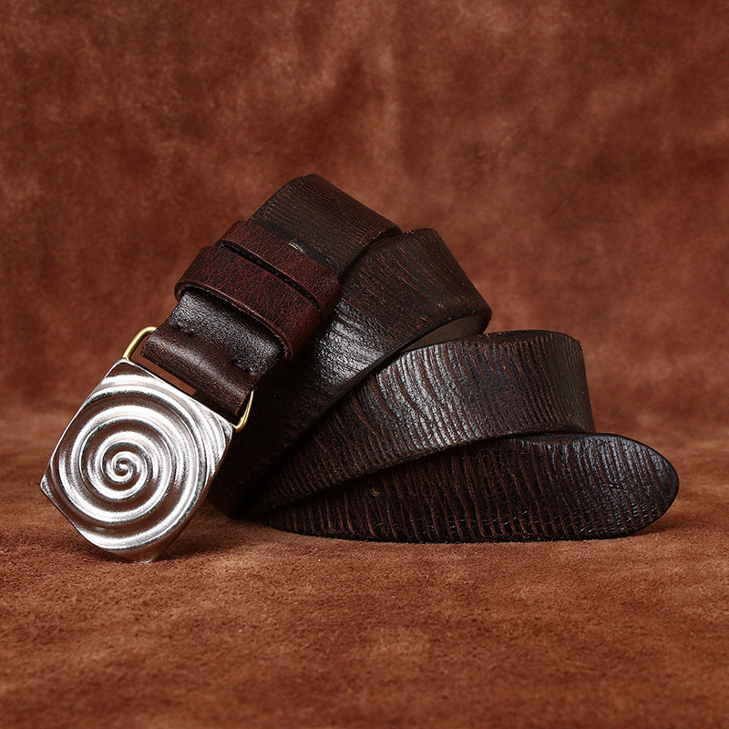Retro Style Men's Cowhide Belt, Spiral Pattern Metal Buckle Multi-Color Trendy Waistband