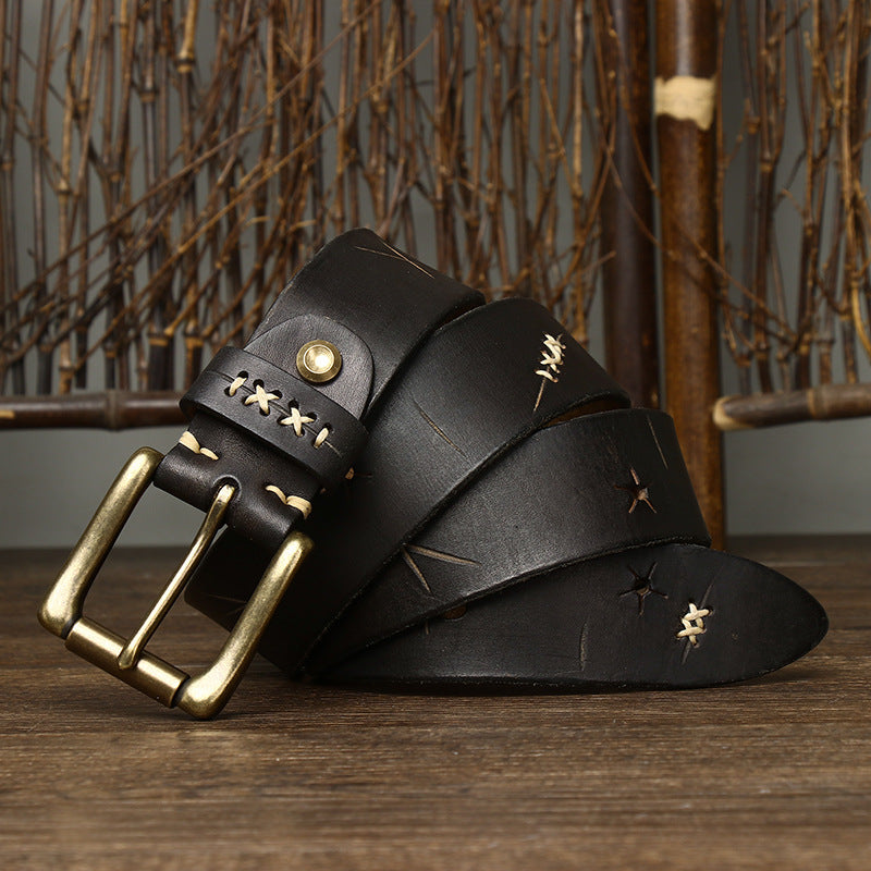 Vintage Distressed Men's Belt with Hand - Stitching