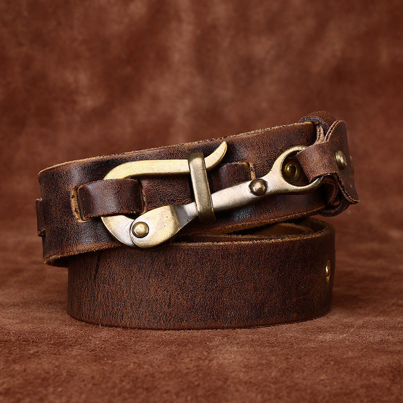 Handmade Retro Leather Men's Belt, American Workwear Style Brass Hook Buckle Distressed Belt