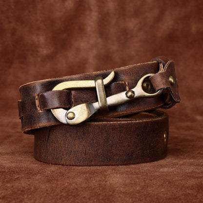 Handmade Retro Leather Men's Belt, American Workwear Style Brass Hook Buckle Distressed Belt