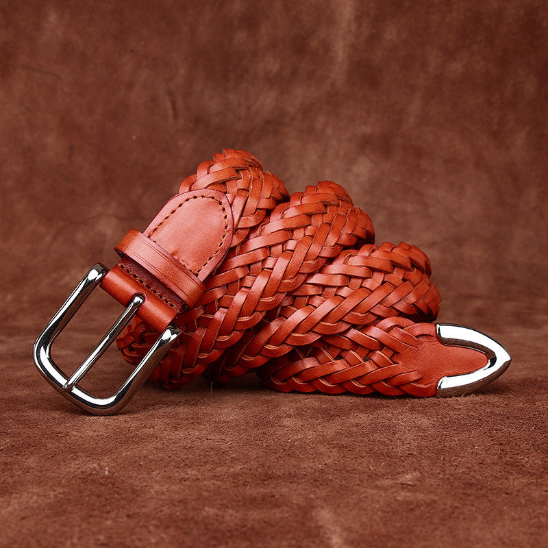 Men's Genuine Leather Belt with Woven Texture, Accented by Metal Buckle, Creating Casual Fashion Sense