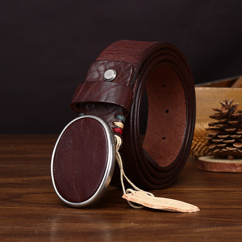 Black Genuine Leather Men's Belt, Oval Buckle Casual Waistband