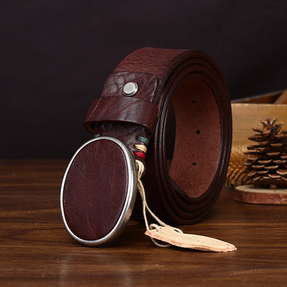 Black Genuine Leather Men's Belt, Oval Buckle Casual Waistband