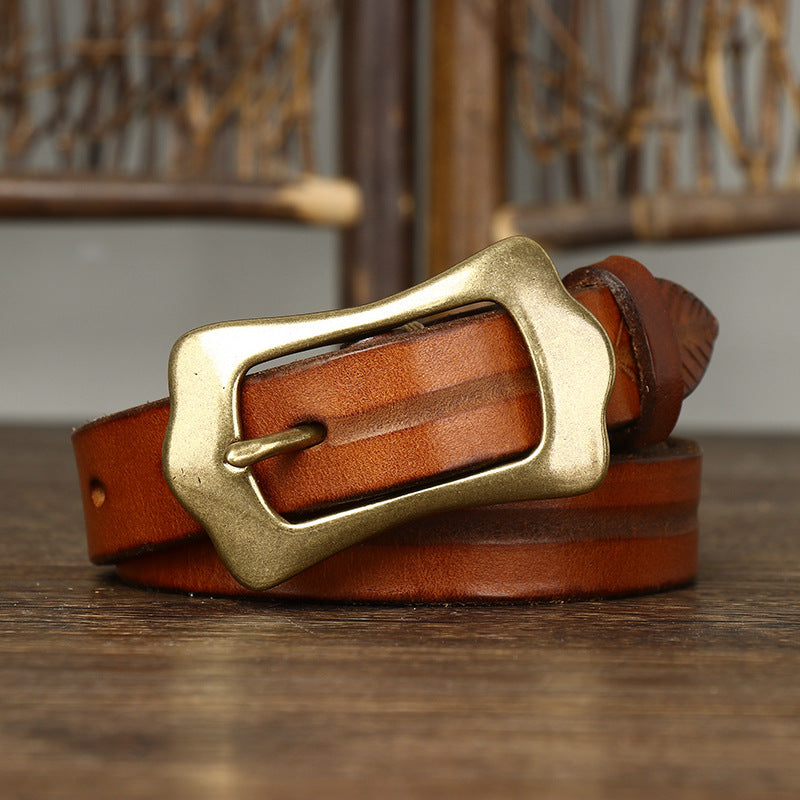Retro Distressed Men's Genuine Leather Belt, Unique Wave Copper Buckle Hand-Embossed Belt