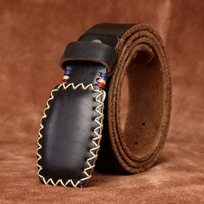 Hand-Stitched Vintage Men's Belt, Genuine Leather Retro Style Waist Strap