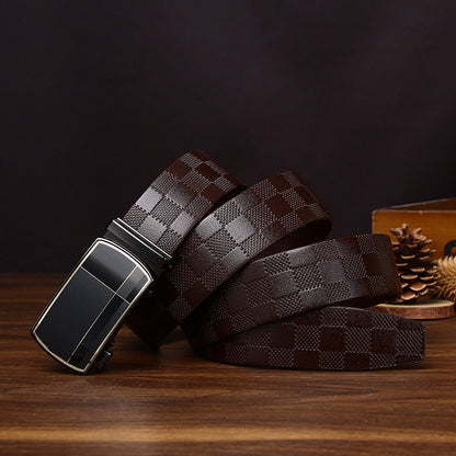 Men's Business Automatic Buckle Belt, Checkered Embossed Genuine Leather Belt, Light Luxury Metal Buckle Essential for Office Outfits