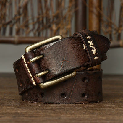 Vintage Distressed Men's Genuine Leather Belt, with Unique Stitching and Metal Buckle, Creating a Retro Trendy Style