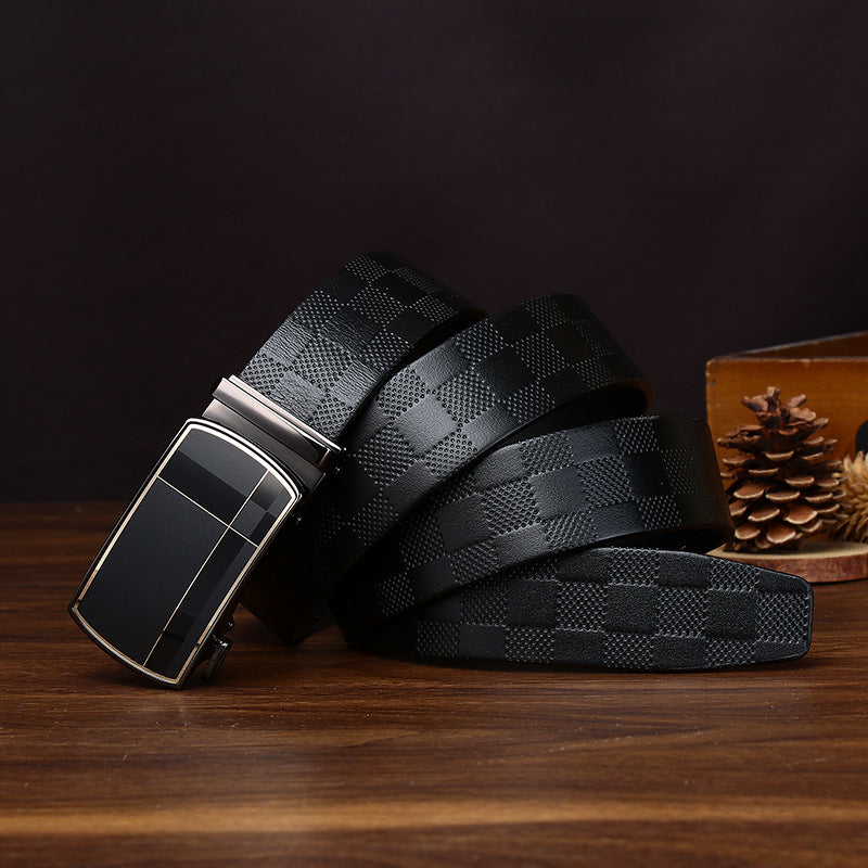 Men's Business Automatic Buckle Belt, Checkered Embossed Genuine Leather Belt, Light Luxury Metal Buckle Essential for Office Outfits