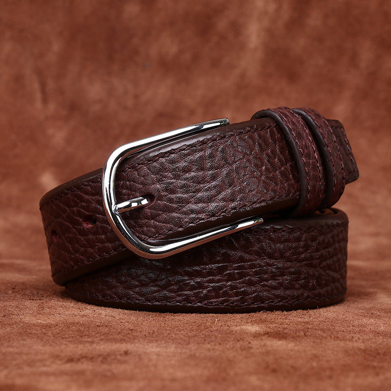 Textured Lychee Pattern Men's Genuine Leather Belt, Silver Pin Buckle for Business and Casual Wear in Multiple Colors