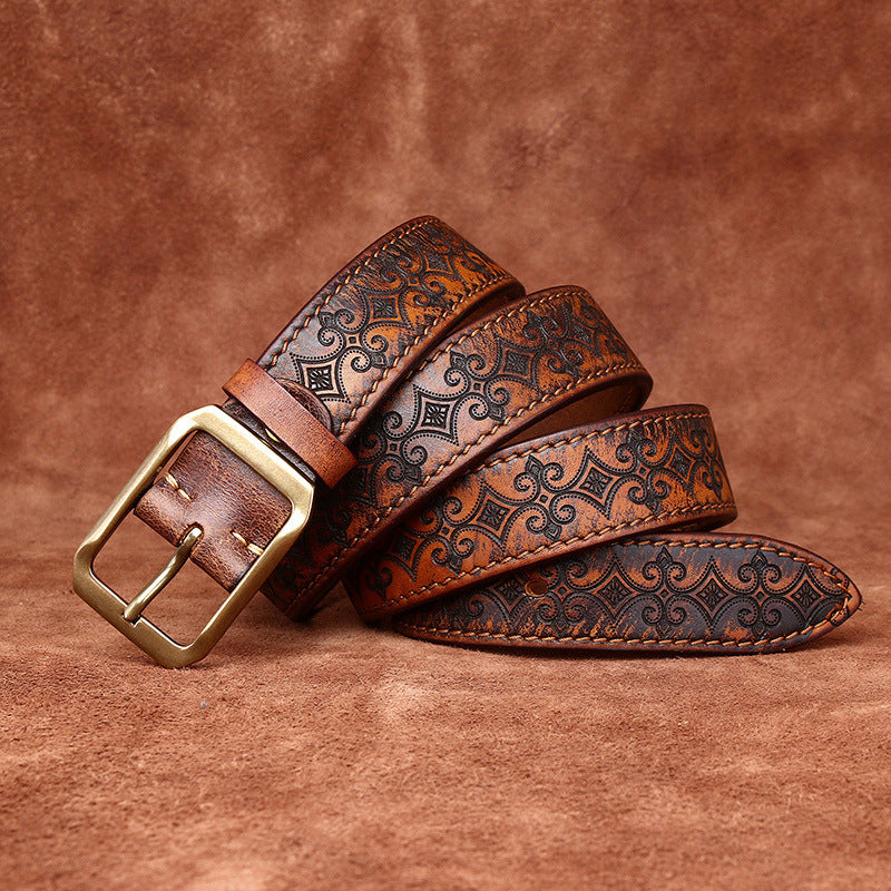 Retro Engraved Men's Genuine Leather Belt, Copper Square Buckle Vintage Craft Personality Belt