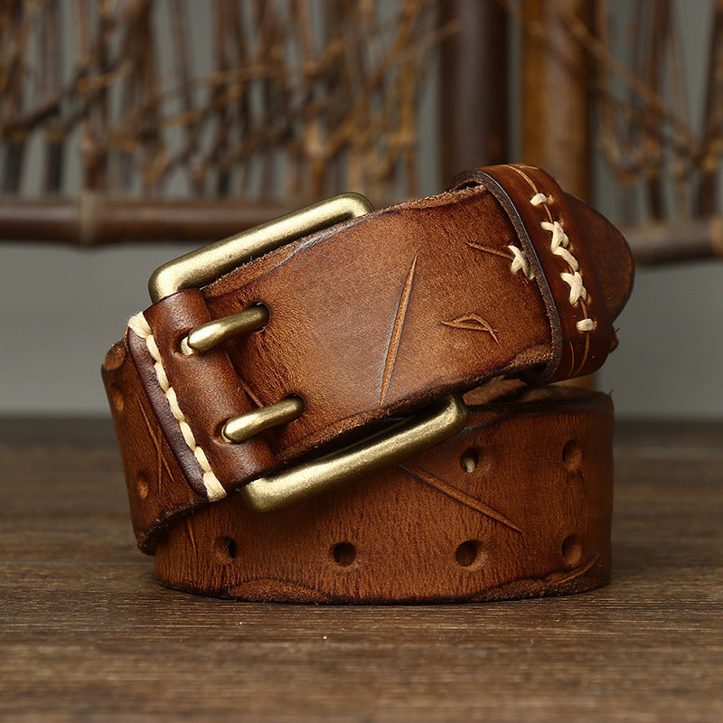 Vintage Distressed Men's Genuine Leather Belt, with Unique Stitching and Metal Buckle, Creating a Retro Trendy Style
