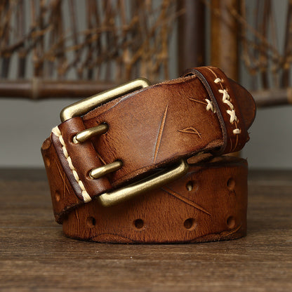 Vintage Distressed Men's Genuine Leather Belt, with Unique Stitching and Metal Buckle, Creating a Retro Trendy Style
