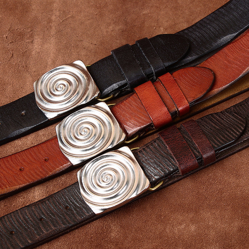 Retro Style Men's Cowhide Belt, Spiral Pattern Metal Buckle Multi-Color Trendy Waistband