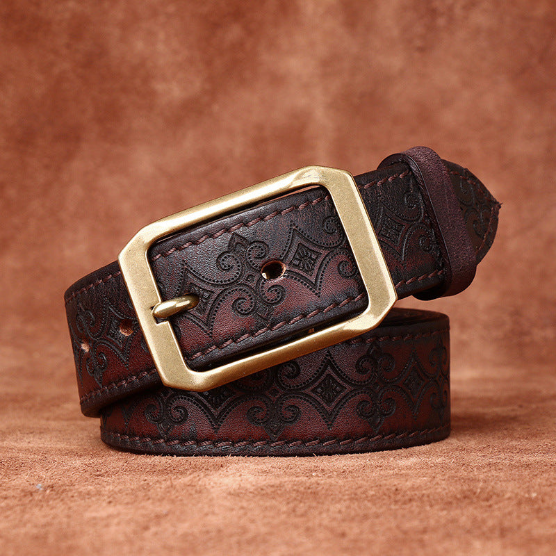 Retro Engraved Men's Genuine Leather Belt, Copper Square Buckle Vintage Craft Personality Belt