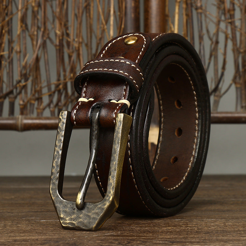 Retro Distressed Men's Genuine Leather Belt, Antique Copper Hammered Buckle with Contrast Stitching Workwear Belt