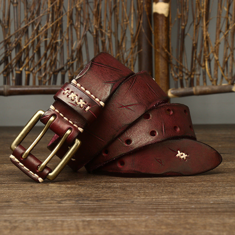 Vintage Distressed Men's Genuine Leather Belt, with Unique Stitching and Metal Buckle, Creating a Retro Trendy Style