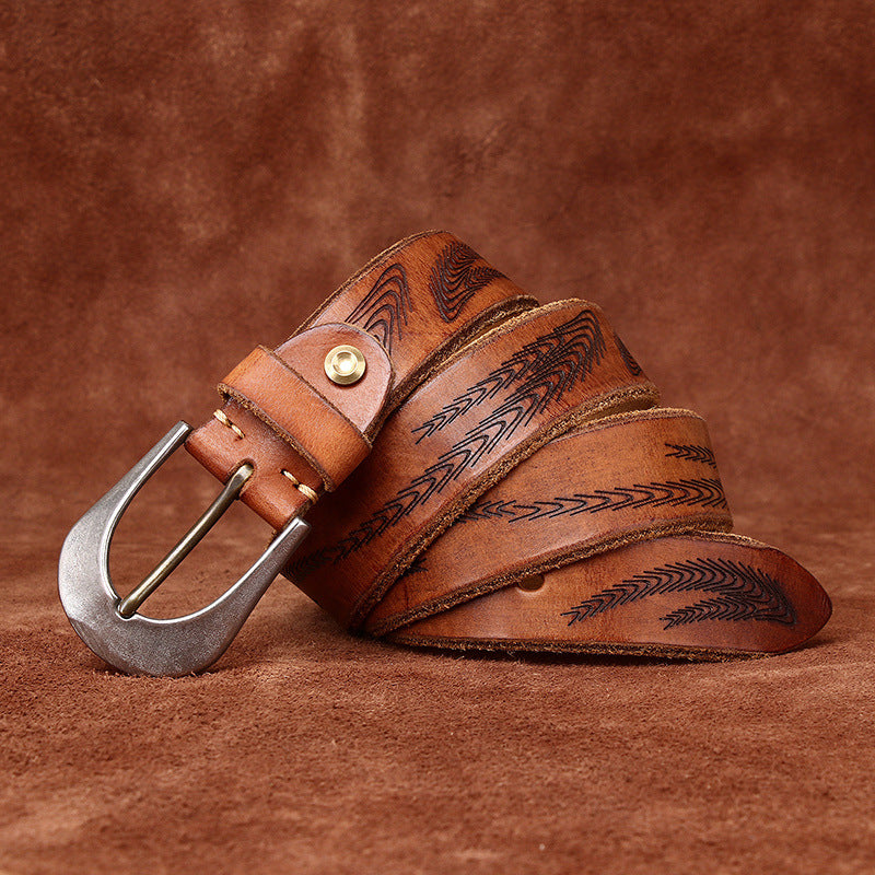 Retro Style Men's Cowhide Belt, Feather Embossed Metal Buckle Multi-Color Casual Waistband