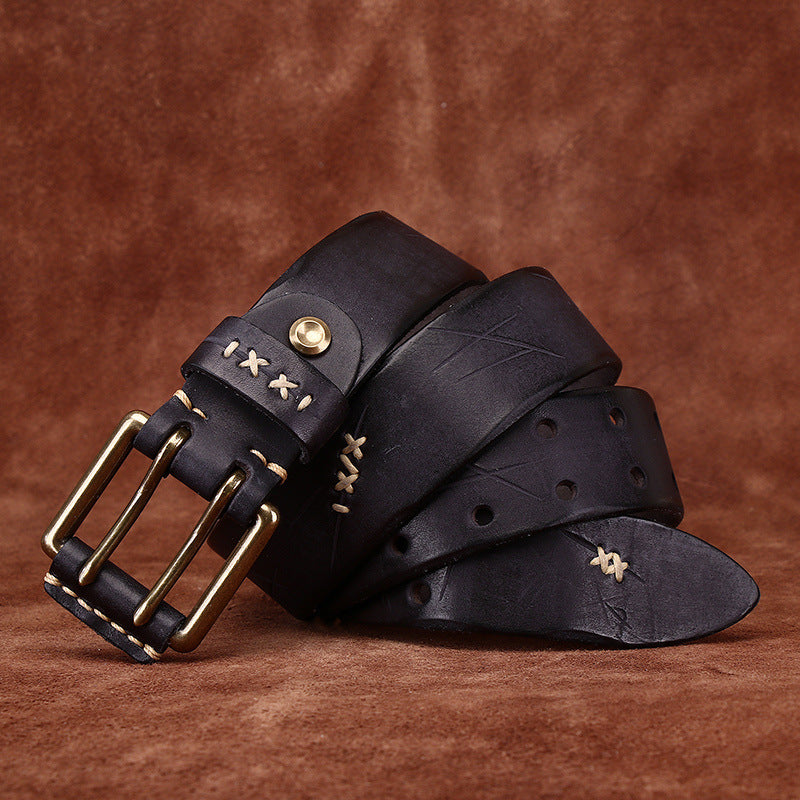 Vintage Distressed Men's Genuine Leather Belt, with Unique Stitching and Metal Buckle, Creating a Retro Trendy Style