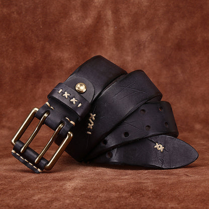 Vintage Distressed Men's Genuine Leather Belt, with Unique Stitching and Metal Buckle, Creating a Retro Trendy Style