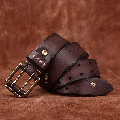 Vintage Distressed Men's Genuine Leather Belt, with Unique Stitching and Metal Buckle, Creating a Retro Trendy Style