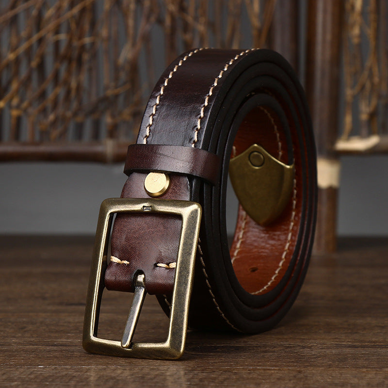 Retro Distressed Men's Genuine Leather Belt, Antique Copper Square Buckle with Contrast Stitching for Workwear Style