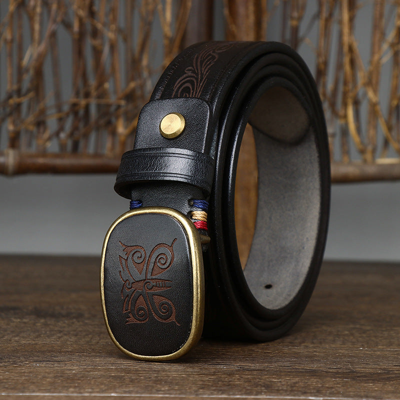 Men's Vintage Carved Genuine Leather Belt, With Unique Buckle, Showing Distinctive Style