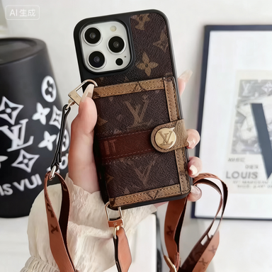 Classic Black Monogram Phone Case with Card Holder & Crossbody Strap for Apple iPhone Series