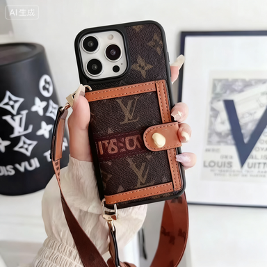 Classic Black Monogram Phone Case with Card Holder & Crossbody Strap for Apple iPhone Series